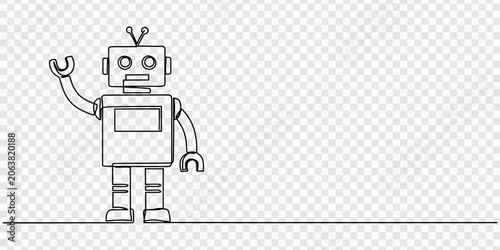 Fotografía cartoon robot standing continuous one line drawing, Continuous one line drawing smart robot standing straight with open arms