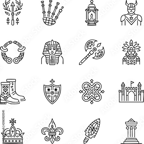 Slika na platnu Medieval history and cultural heritage line vector icons with medieval heritage