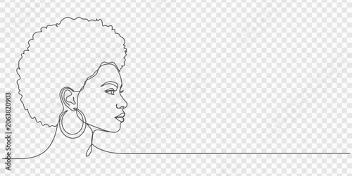 Afro Woman Line Art Portrait Minimalist Drawing, Afro american woman in a modern abstract minimalist one line style. Continuous black line simple drawing. Curly hair woman. Isolated on white, African