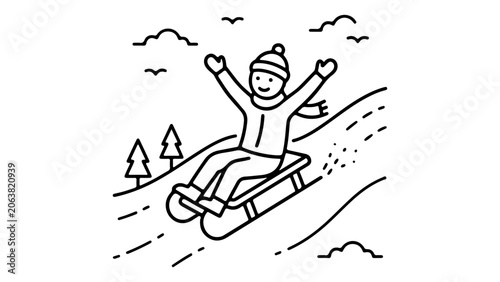 Foto joyful person sledding down a snowy hill wearing hat and scarf in winter outdoor
