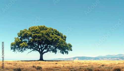 Solitary tree with full green crown on a field under a vast, cloudless blue sky