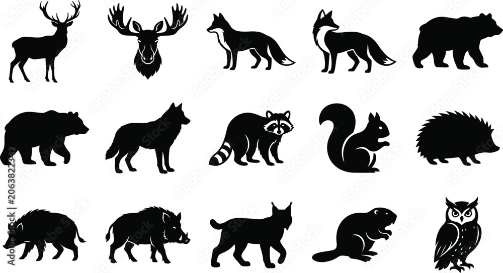 Obraz premium Forest Wildlife Animal Silhouette Collection Featuring Deer Moose Fox Bear Wolf Raccoon Owl and Woodland Nature Elements