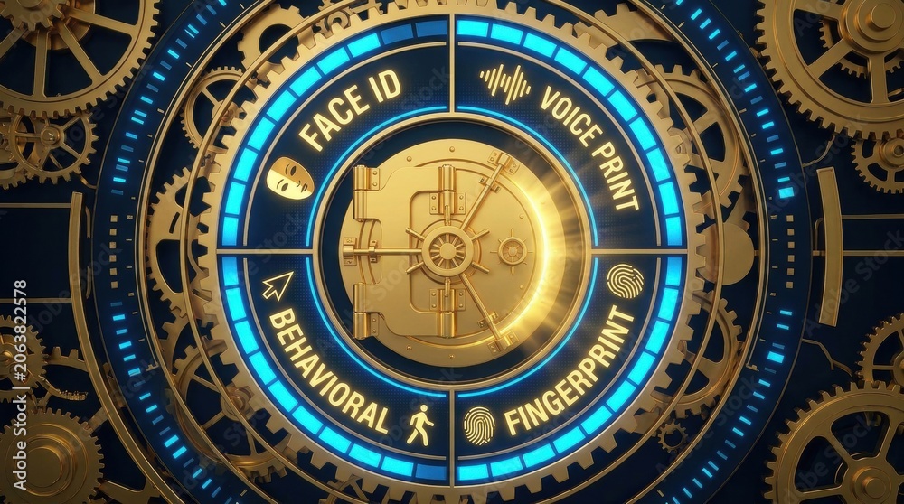 Fototapeta premium Cybersecurity Vault: A futuristic digital vault with intricate gears and glowing blue panels, showcasing biometric security features like face ID, voice print, behavioral analysis.