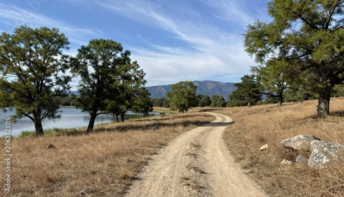 Winding dirt road by a serene lake with mountains in the background