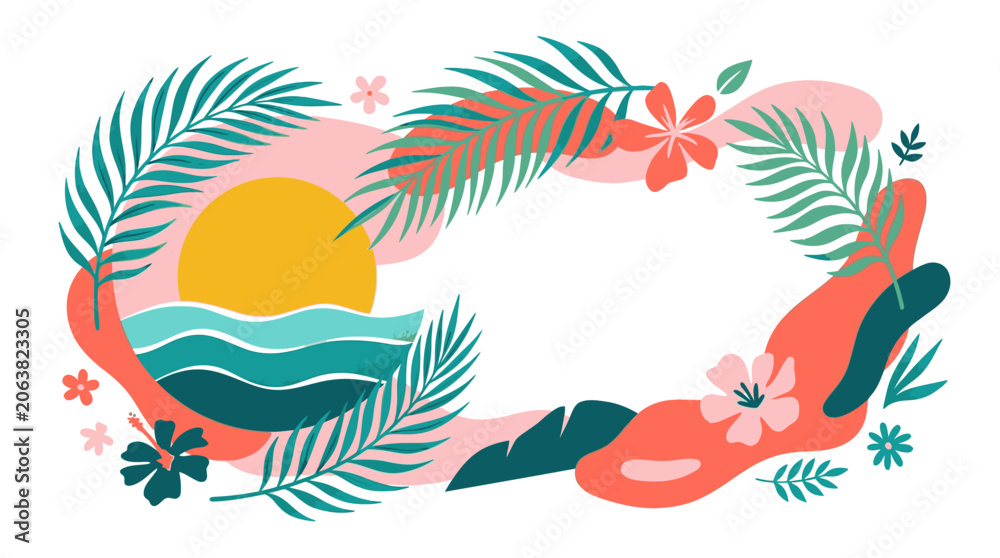 Fototapeta premium Tropical Summer Frame with Palm Leaves and Sun Background