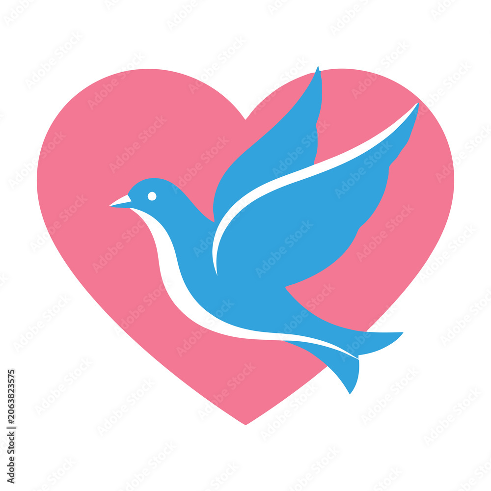Obraz premium Blue bird flying in front of pink heart symbol