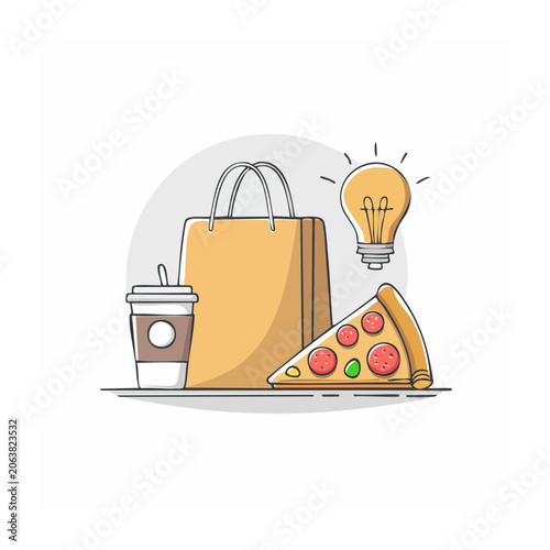 Flat illustration of shopping bag with pizza and coffee