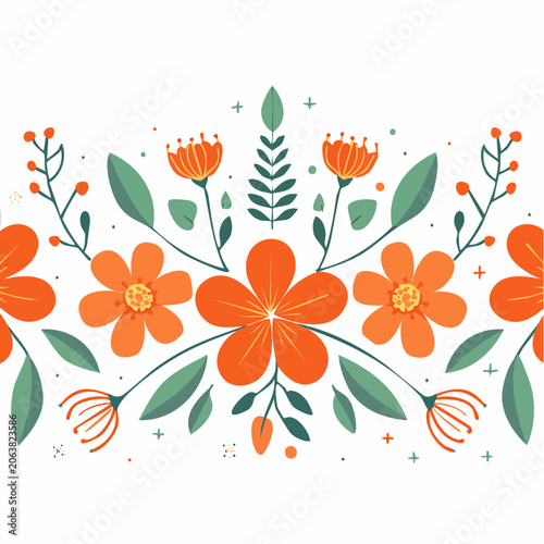 Seamless Floral Pattern with Orange Flowers and Green Leaves
