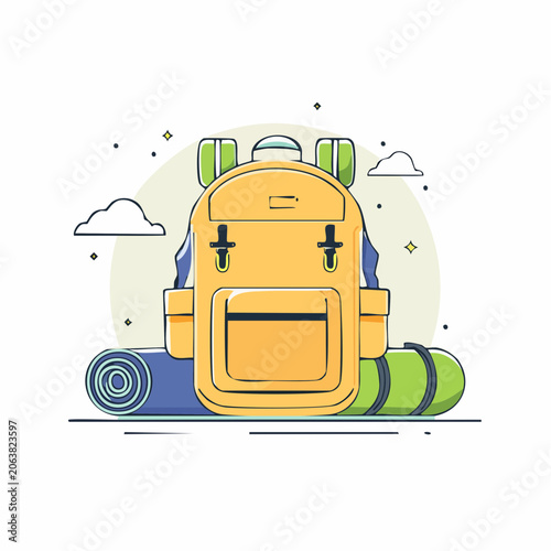 Yellow Backpack with Sleeping Bag and Mat Illustration