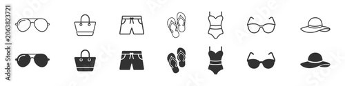 Fotografija Summer fashion icon collection with outline and solid beach clothing and accesso