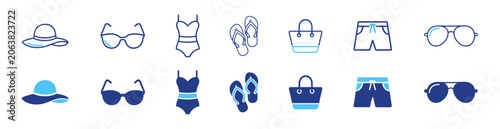Fotografie Summer beach fashion icon collection with outline and solid clothing and accesso