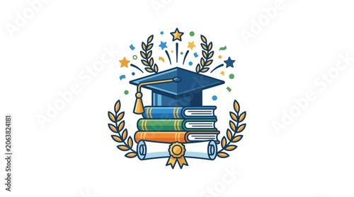 Картината върху платно Graduation Cap On Stack Of Books With Diploma Scroll and Laurel Wreath