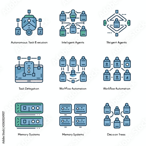 Modern Agent Workflow Icons Set with Automation, Collaboration, Memory, and Decision Systems