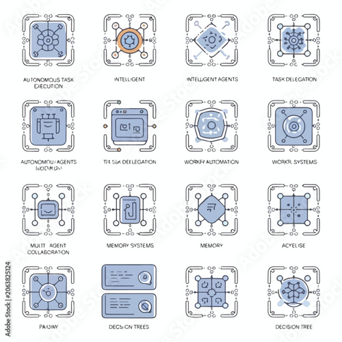 Modern Agent Workflow Icons Set with Automation, Collaboration, Memory, and Decision Systems