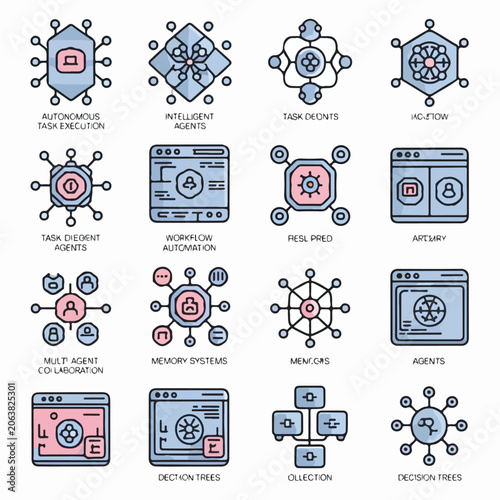 Modern Agent Workflow Icons Set with Automation, Collaboration, Memory, and Decision Systems