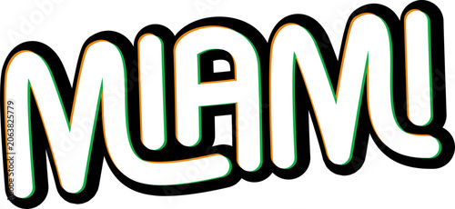 Tableau sur toile Stylized white text 'MIAM!' with black outline and chromatic aberration effect on a white background, conveying deliciousness and fun