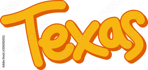 Stylized orange text spelling out the word 'Texas' with a dark orange outline on a white background, featuring a bubbly and playful font.