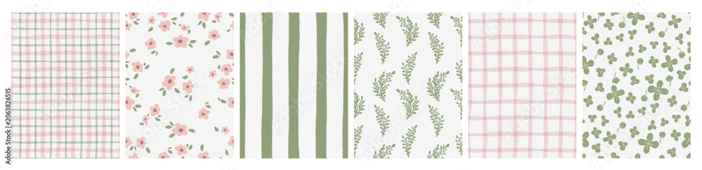 Fototapeta premium Seamless coquette patterns with delicate floral motifs, pink green gingham stripes, and vintage ditsy flowers, romantic wallpaper backgrounds. Vector set of cute spring designs, girly fashion prints