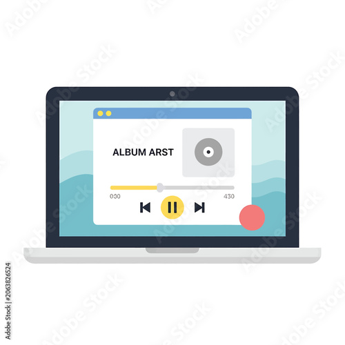 Laptop playing music on screen display.