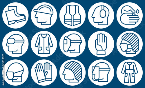 Mandatory sign set, Protective workwear icons, Safety work equipment and protective clothing, PPE pictogram set