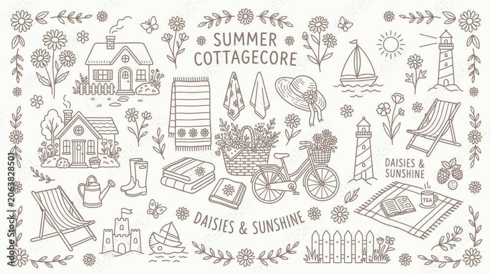 Obraz premium Charming Cottagecore Summer Elements Collection with Daisies, Sunflowers, and Beach Scenes.