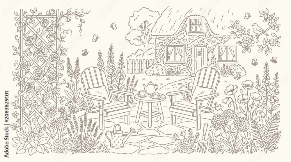 Obraz premium Charming Cottage Garden Scene with Adirondack Chairs and Tea Set.
