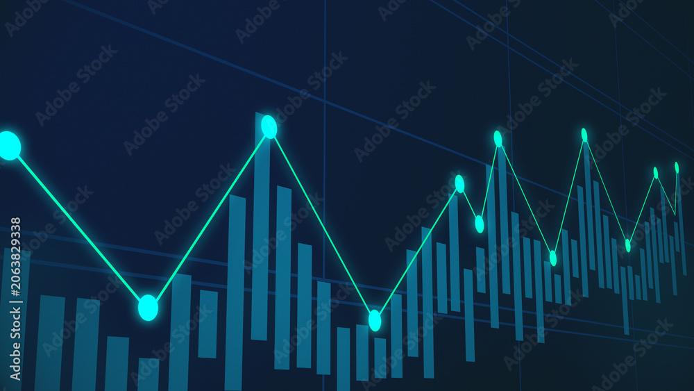 Naklejka premium Financial line graph and bar chart on abstract blue grid background.