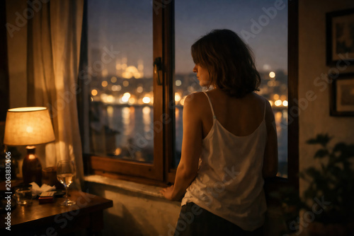 Emotional woman standing by a window overlooking Istanbul at night, reflecting loneliness, nostalgia, and quiet urban solitude in a cinematic atmosphere.
