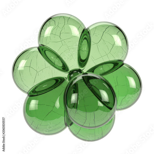 A stylized flower shape composed of six translucent green glass spheres with internal crackle patterns, isolated on a solid black background