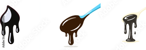 A thick, slow-moving globule of dark brown blackstrap molasses drips from an invisible spoon onto a solid white background, its smooth glossy surface reflecting light beautifully