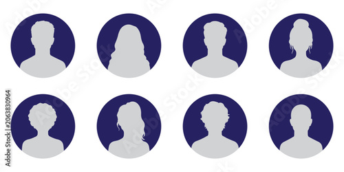 Default avatar profile icon. black placeholder. Man and woman silhouette style. Eight black silhouette user profile icons in gray circles depicting various male and female hairstyles