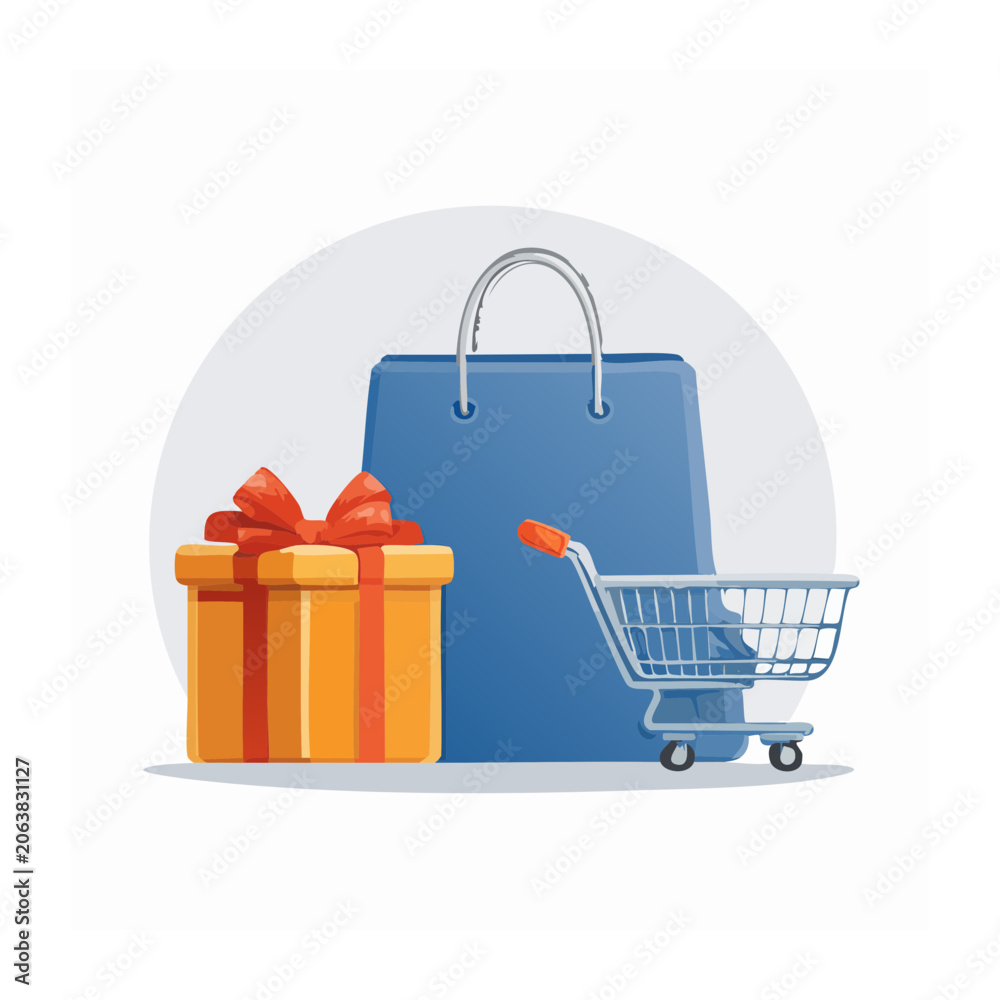 Fototapeta premium Blue shopping cart with gift box and present