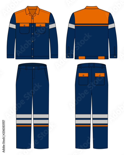 Two Tone Navy and Orange Safety Workwear Uniform Vector Illustration - Front and Back View High Visibility Protective Corporate Clothing Set Template