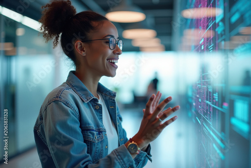 Smiling Woman Interacting with Futuristic Translucent Data Display