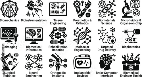 A comprehensive set of black and white icons representing diverse fields in biomedical engineering, including robotics, tissue engineering, biomechanics, imaging, and advanced medical device technolog