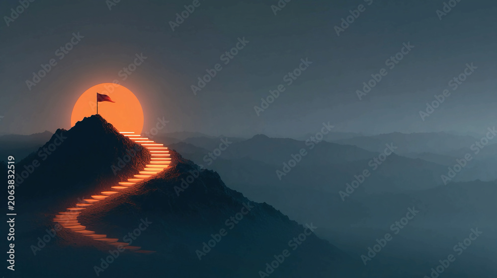 Naklejka premium Concept of step-by-step achievement of goals with glowing path leading to the mountain peak flag of success business vision motivation growth mindset and leadership inspiration