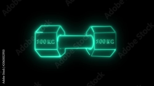 Dumbbell simple clipart, 100 kg weight and gym icon neon line animation Isolated . Muscle lifting, fitness barbell, weight, crossbar gym, sports equipment symbol, exercise barbell.black background