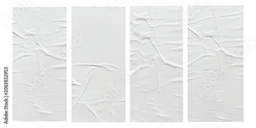 Fotografía Four vertical white paper sheets with wrinkled texture and folded creases