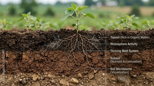 Roots Thriving in Soil Layers with Visualized Microbial Activity