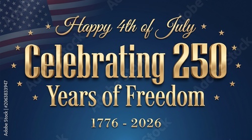 Happy 4th of july celebrating 250 years of freedom, 1776 to 2026, featuring golden text and stars on a dark blue background, with an american flag