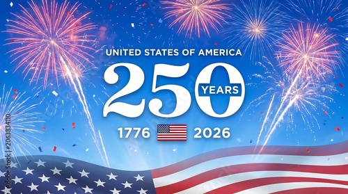 United states of america 250 years anniversary celebration, 1776 to 2026, featuring bright colorful fireworks and a waving american flag at the bottom