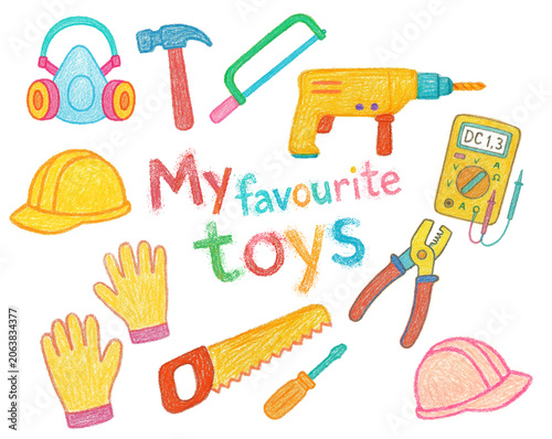 Children's games, childhood, toys, colored pencils, watercolor, hand drawing