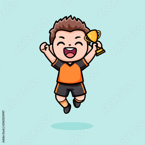 Cute cartoon boy athlete jumping with gold trophy prize
