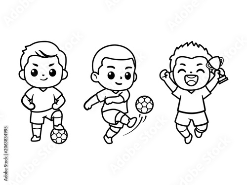 Chibi Soccer Boys Coloring Page and Line Art Illustration