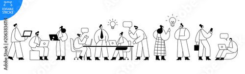 Black and white office teamwork character set with business people, team meeting, presentation, planning board, laptop work, communication and productivity scenes in outline vector style with editable