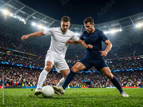 Two soccer players in action on professional stadium