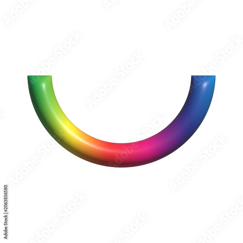 Abstract 3D rainbow gradient semi-circle tube, colorful glossy arc curve shape, bright geometric smile element, isolated illustration