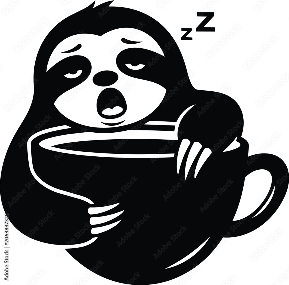 Obraz premium Sleeping Sloth with Coffee Cup Logo Vector Illustration