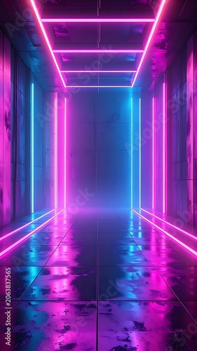 Neon lit futuristic corridor interior design.