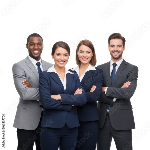 Diverse group of happy professional business people standing together isolated on white background